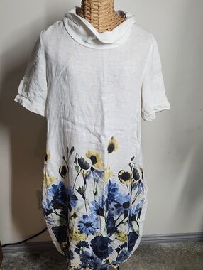 FRANCESCA BETTINI Linen Floral Midi Dress - White with Blue & Yellow Floral M